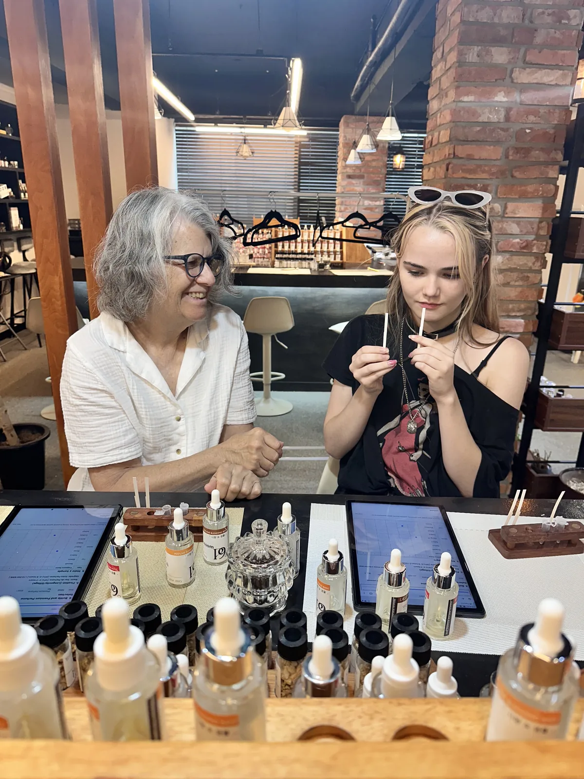 Mother and daughter making perfume together at Parfum9 in Hongdae Seoul