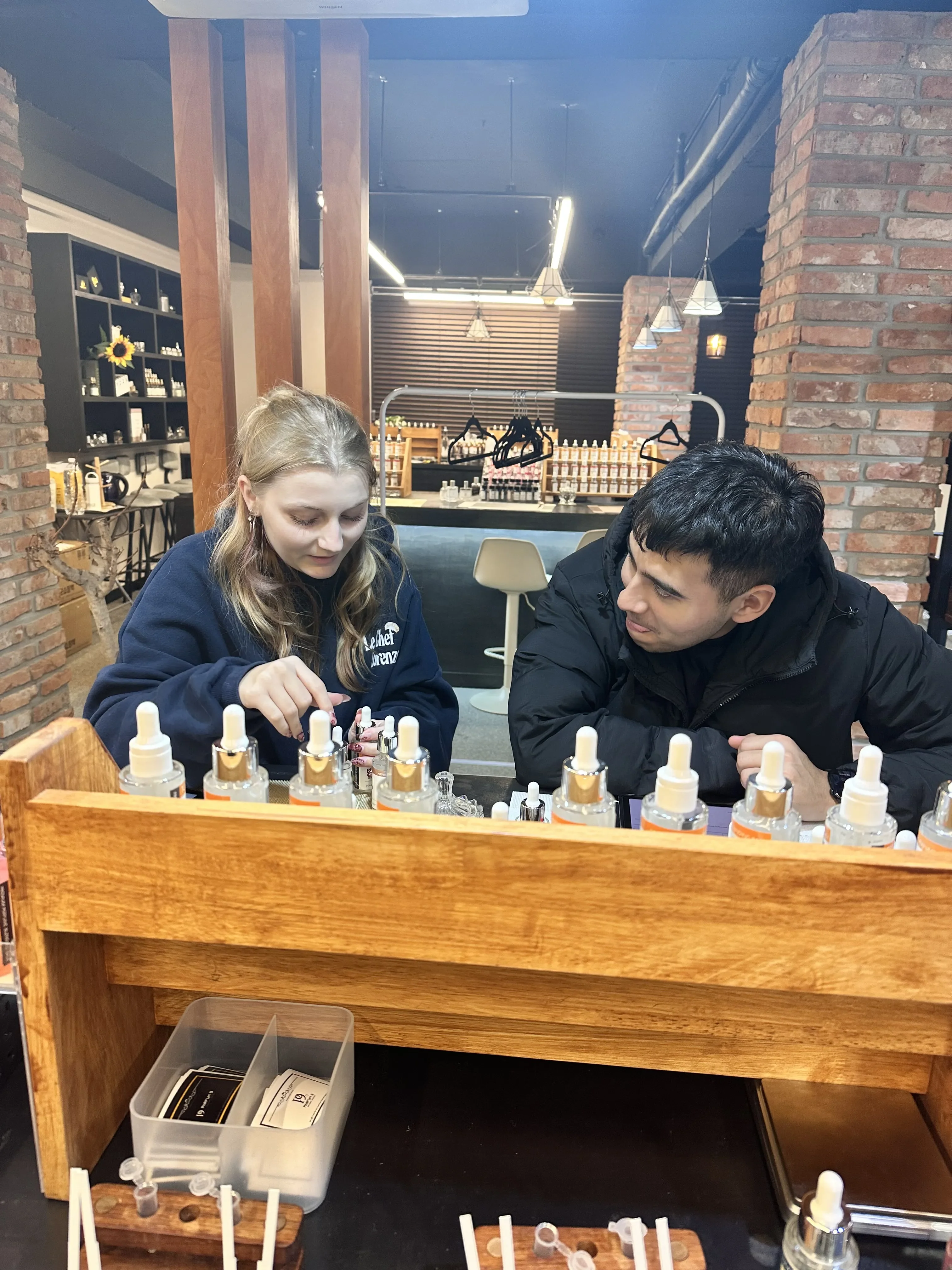 Couple creating custom perfume together in Hongdae